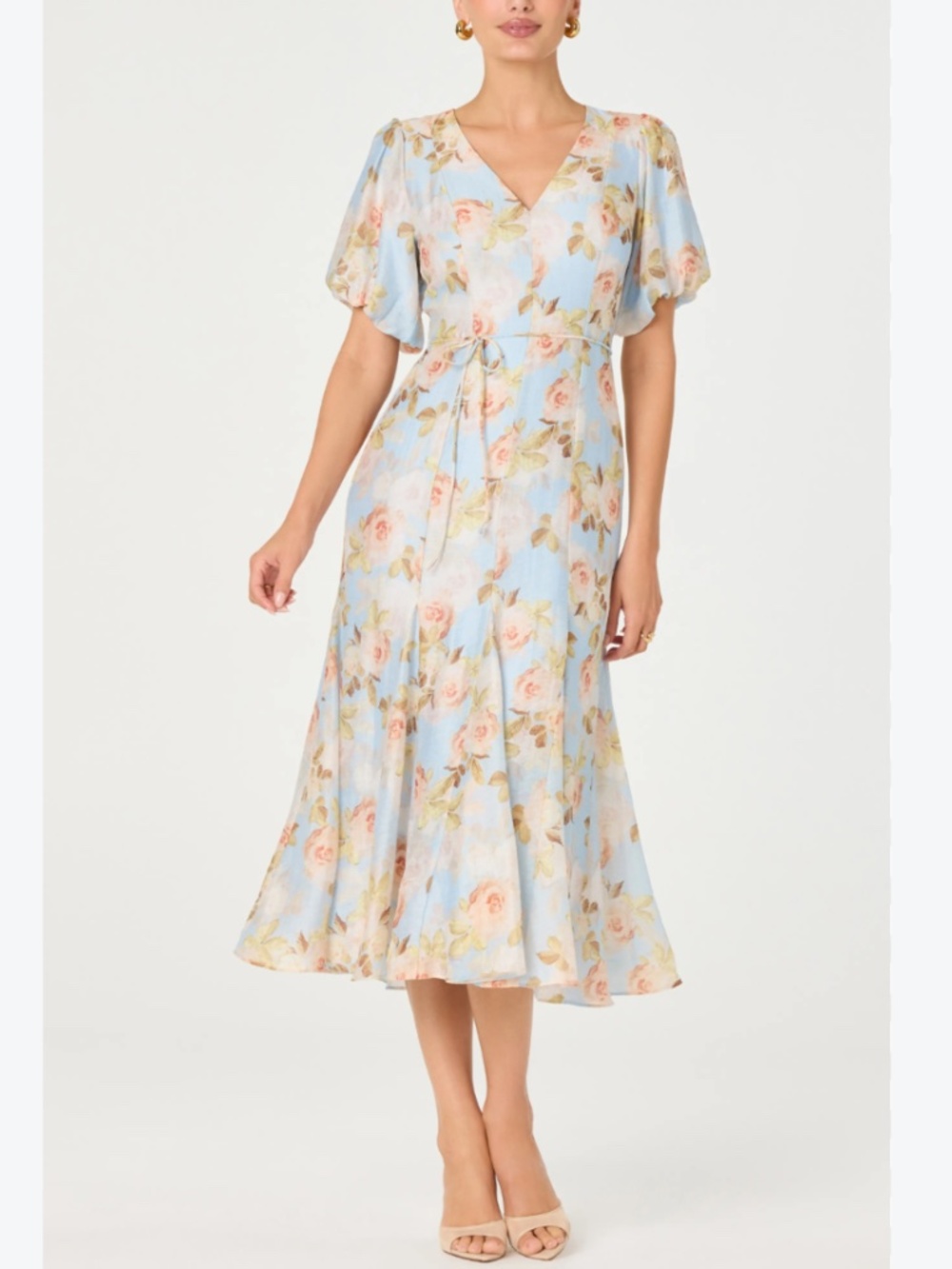 ASTR the Label Womens Lavena Floral Balloon Sleeve Midi Dress Blue Small